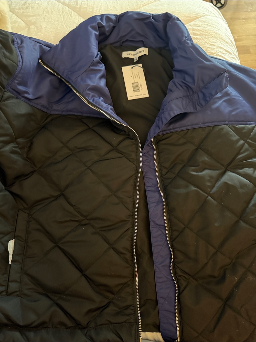 WeWoreWhat Two-Tone Quilted Puffer Jacket - Black & Navy